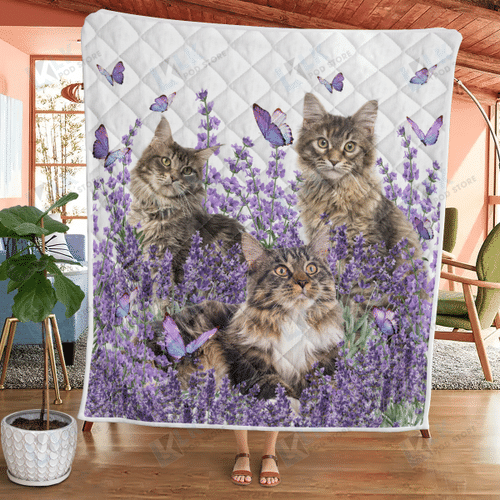 Maine Coon Purple Flower Cat Lover Blanket Quilt - Cat Throw Blanket, Gift for Cat lover, Cat Quilt