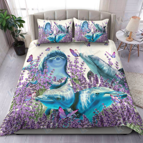 DOLPHIN Bedding Set Purple Flower 2 [ID3-K] | Duvet cover, 2 Pillow Shams, Comfortable, Dolphin lover Gift, Dolphin Bedspread