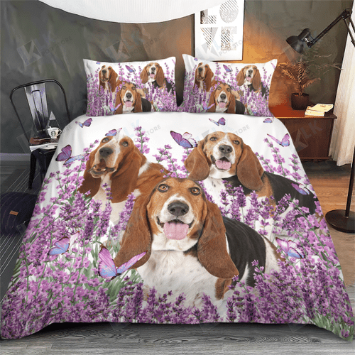 BASSET HOUND Bedding Set Purple Flower | Duvet cover, 2 Pillow Shams, Comforter, Bed Sheet