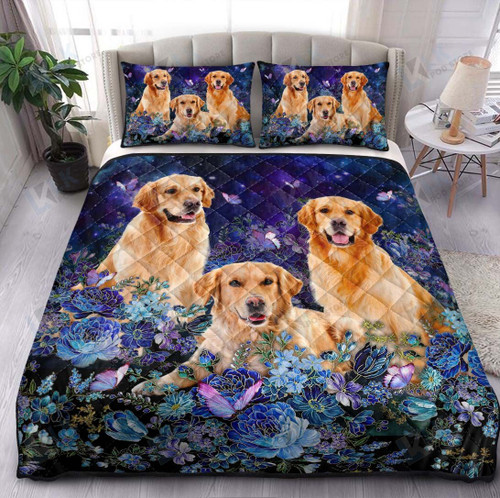 GOLDEN RETRIEVER Quilt Bedding Set Blue Main Floral [ID3-T] | Quilt, 2 Pillow covers, Comforter, Bed Sheet Set