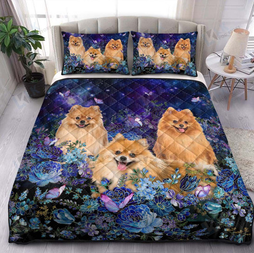 Pomeranian Quilt Bedding Set Blue Main Floral [ID3-T] | Quilt, 2 Pillow covers, Comforter, Bed Sheet Set