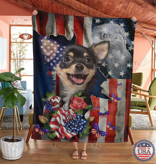 CHIHUAHUA Blanket Flower Proud American [ID3-T] | | Gifts Dog Cat Lovers, Sherpa Fleece Blanket Throw, Home & Living