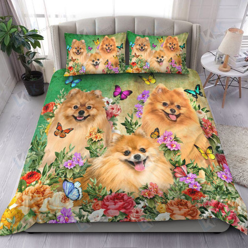 Pomeranian Bedding Set Beautiful Flower [ID3-D] | Duvet cover, 2 Pillow Shams, Comforter, Bed Sheet