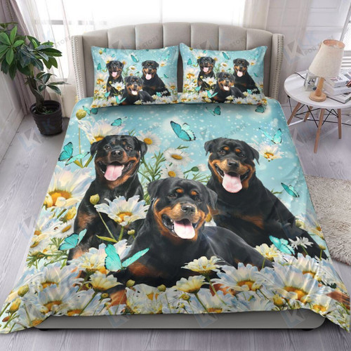 Rottweiler Bedding Set White Daisy [ID3-A] | Duvet cover, 2 Pillow Shams, Comforter, Bed Sheet