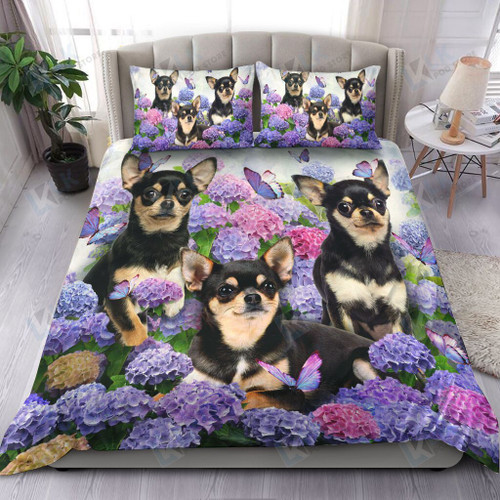 Chihuahua Bedding Set Flower Blue Love, Duvet covers & 2 Pillow Shams, Comforter, Bed Sheet, Chihuahua Lover Gift