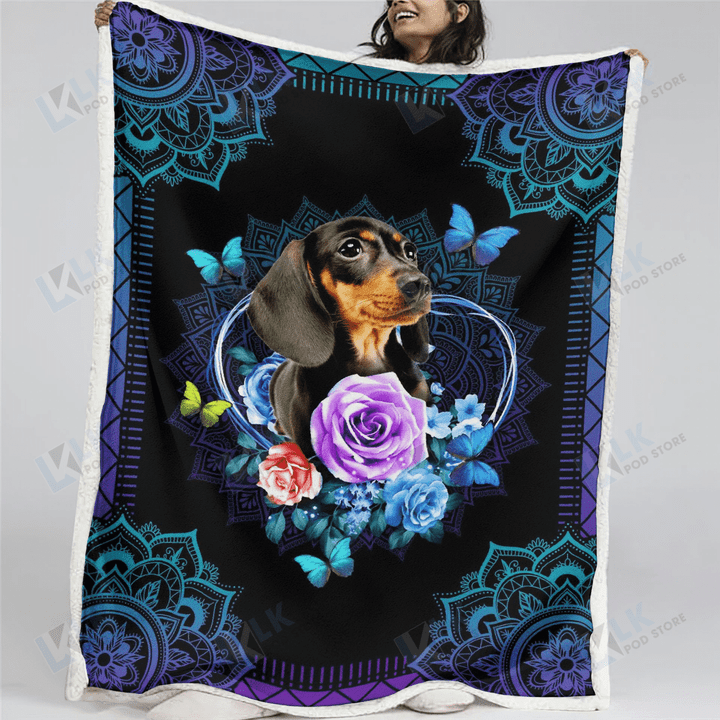 Mandala Butterfly Blue Dachshund Blanket Quilt | Gifts Dachshund Lovers, Sherpa Fleece Blanket Throw, Home & Living