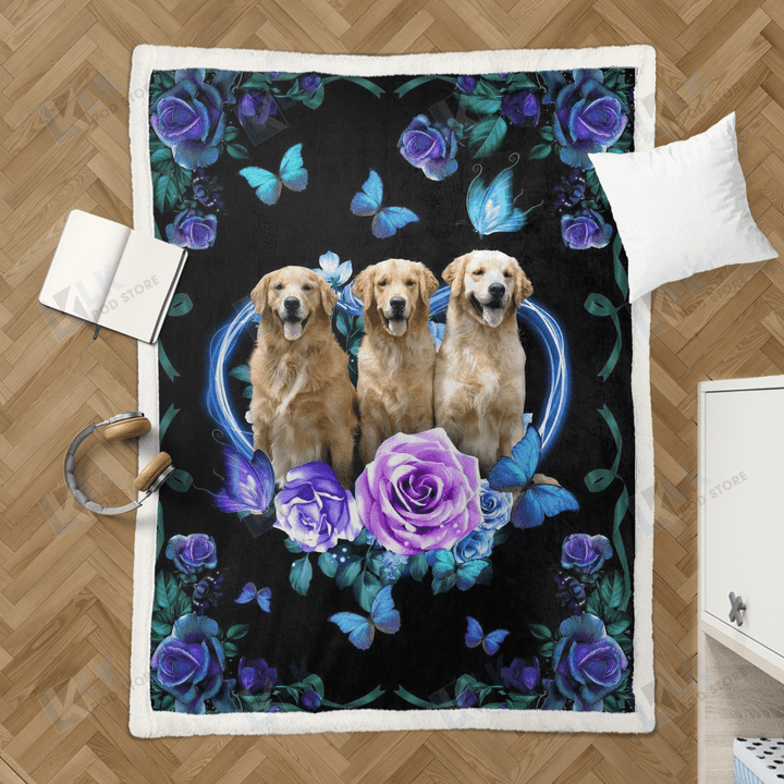 Golden Retriever  Quilt Blanket Blue Butterfly, Gifts Dog Cat Lovers, Sherpa Fleece Blanket Throw