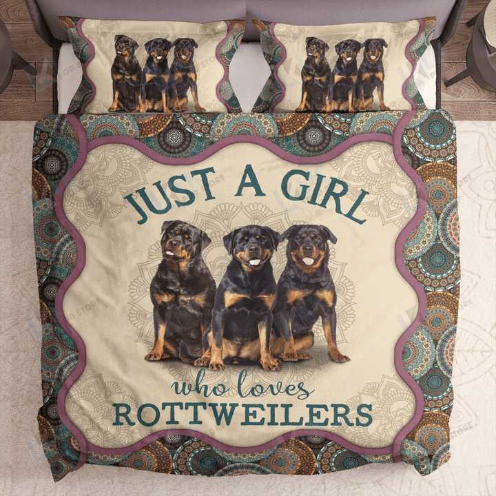 Just A Girl Who Loves Rottweilers Bedding Set | Gift for Rottweiler lover, Bedspread, Comforter, Rottweiler Duvet cover 2 Pillow shams