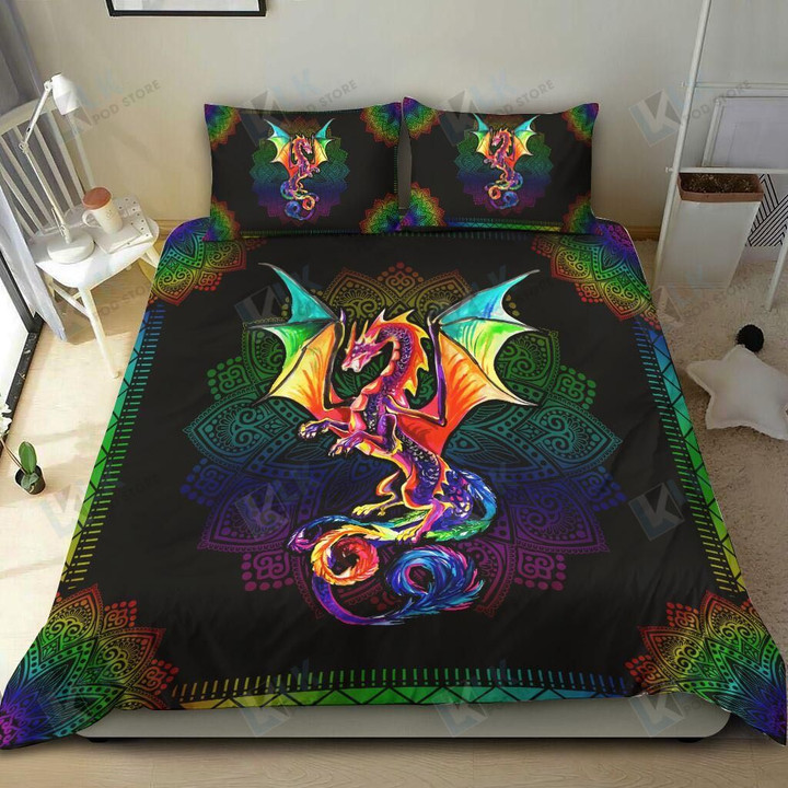 DRAGON Bedding set Mandala Colorful Rainbow | Duvet cover, 2 Pillow Shams, Dragon Bedspread, Dragon Lovers, Skull, Cool