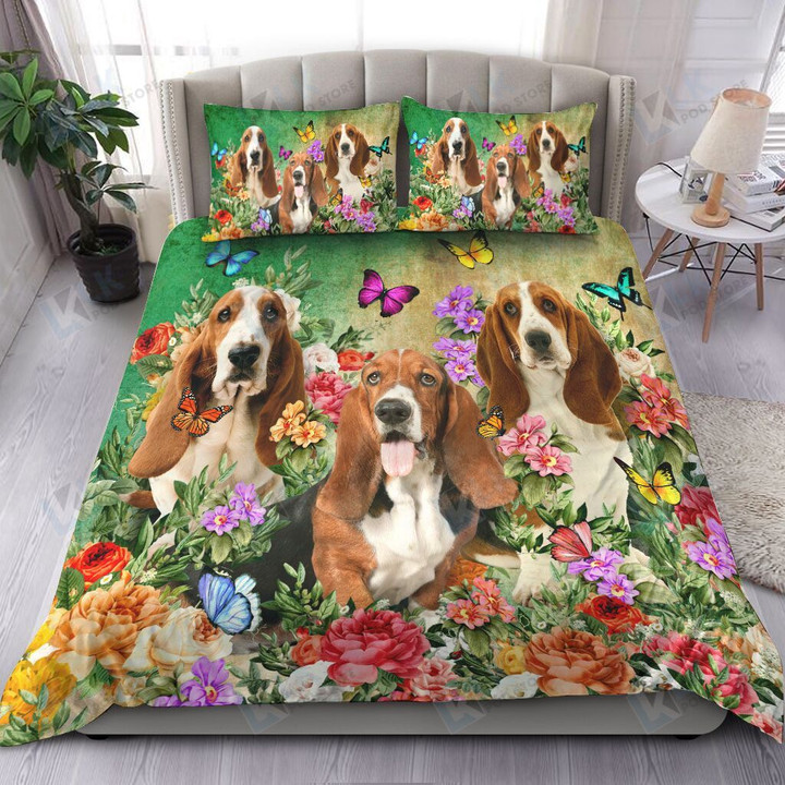 BASSET HOUND-BEDDING SET BEAUTIFUL FLOWER [ID3-D] | Duvet cover, 2 Pillow Shams, Comforter, Bed Sheet