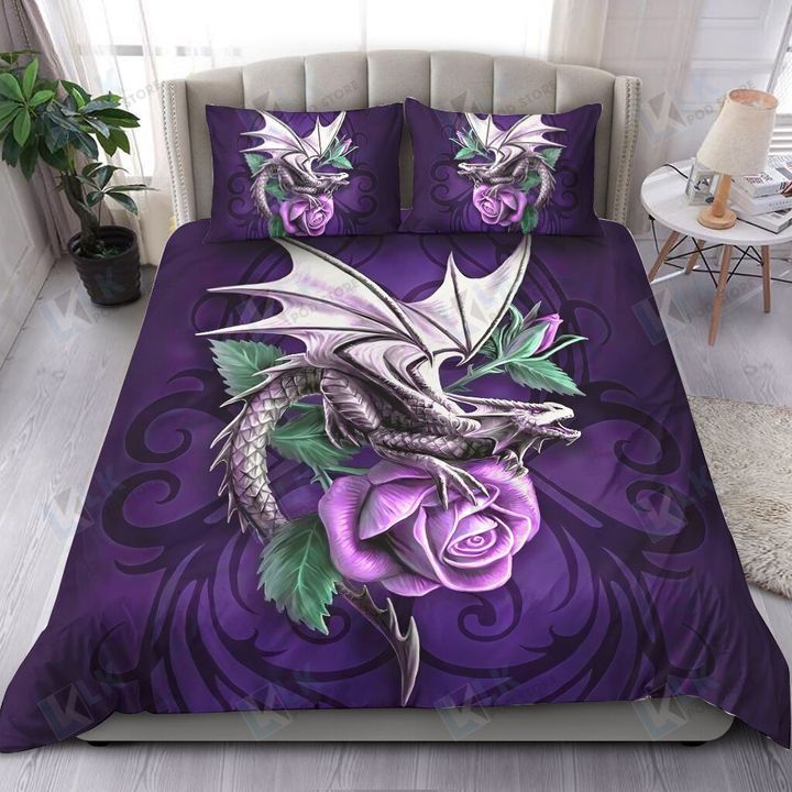 Dragon Cool Flower Skull Bedding Set, Duvet covers & 2 Pillow Shams, Comforter, Bed Sheet, Gift for Dragon Lover, Dragon Bed Spread