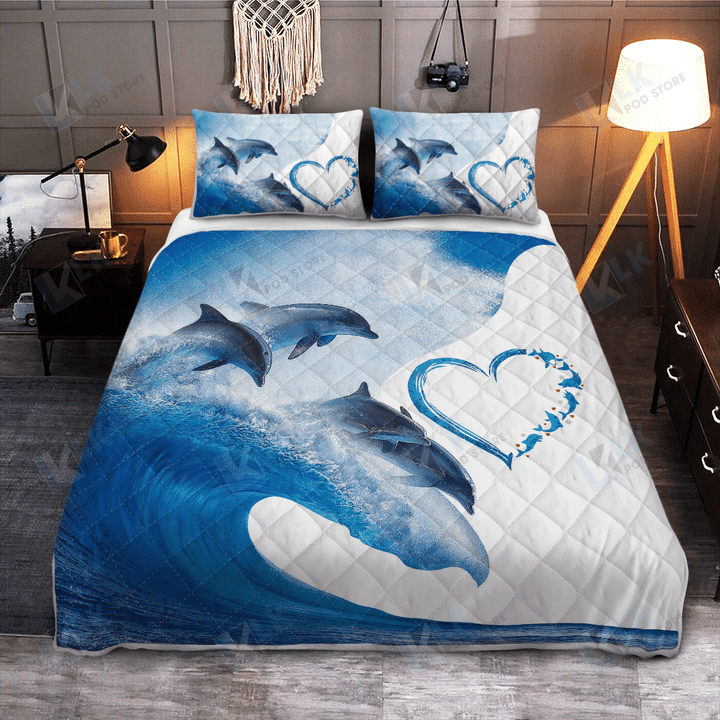 Dolphin Blue Love Heart Quilt Bedding Set, Quilt, 2 Pillow covers, Comforter, Bed Sheet Set, Dolphin lover Gift