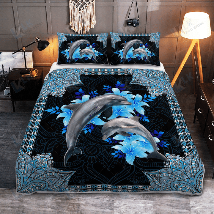 Dolphin Blue Pattern Flower Quilt Bedding Set, Quilt, 2 Pillow covers, Comforter, Bed Sheet Set, Dolphin lover Gift