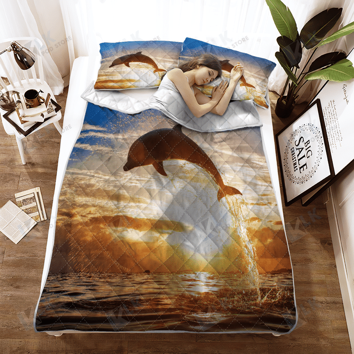 Dolphin Sunrise Quilt Bedding Set, Quilt, 2 Pillow covers, Comforter, Bed Sheet Set, Dolphin lover Gift