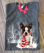 French bulldog wearing red scarf in the snow christmas gift for dog lover t shirt hoodie sweater
