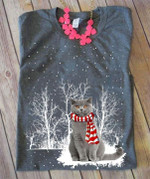 Cat wearing red scarf on the snow christmas xmas gift t shirt hoodie sweater
