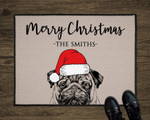 Merry Christmas Pug Santa Personalized Doormat Gift With Custom Family Name For Christmas Holiday Lovers Pug Lovers