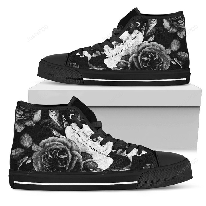 Black White Rose High Top Shoes
