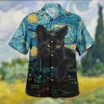 Black Cat Starry Night Van Gogh Halloween Unisex Hawaiian Shirts - 1