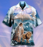 Jesus and Lion in Ocean Unisex Hawaiian Shirt - 1