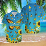 Custom Name Sunflower Butterfly Blue Unisex Hawaiian Shirts - 1