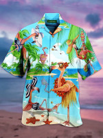 Funny Flamingoes On Beach Tropical Unisex Hawaiian Aloha Shirts - 1