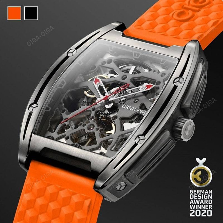 CIGA Design Z Series Men's Automatic Mechanical Titanium Case Wristwatch Sapphire Crystal Skeleton Dial Timepiece With Silicone and Leather Strap