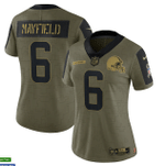 Cleveland Browns Baker Mayfield 6 NFL Olive 2021 Salute To Service Player Women Jersey For Browns Fans