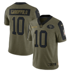 San Francisco 49ers Jimmy Garoppolo 10 NFL Olive 2021 Salute To Service Retired Player Men Jersey For 49ers Fans