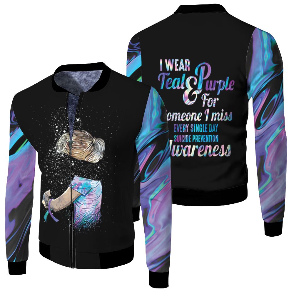 Suicide prevention i wear teal and purple for someone i miss holographic color 3d printed hoodie shirt Fleece Bomber Jacket