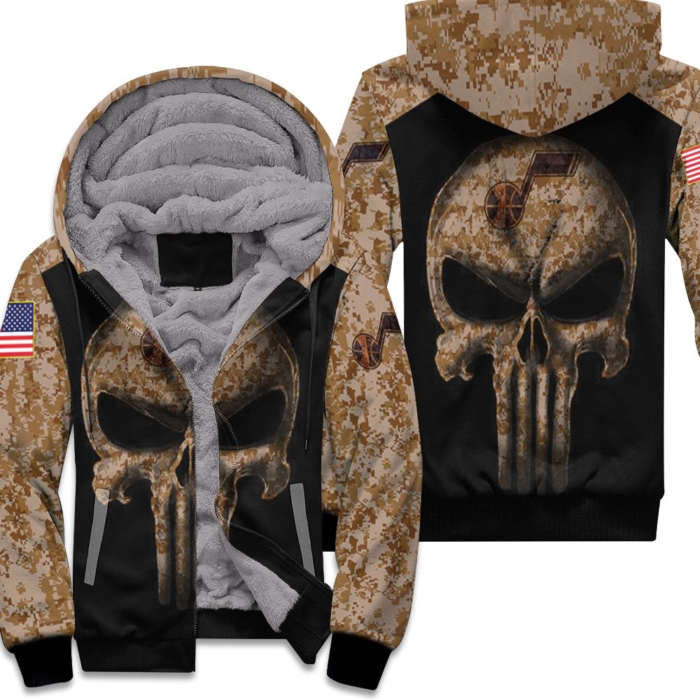 Camouflage Skull Utah Jazz American Flag Fleece Hoodie
