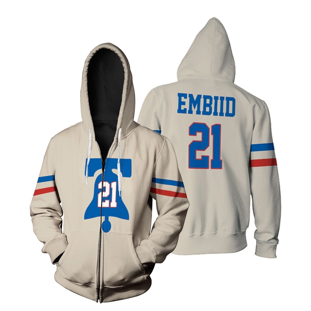 76ers Joel Embiid 2020 21 Earned Edition Cream Zip Hoodie