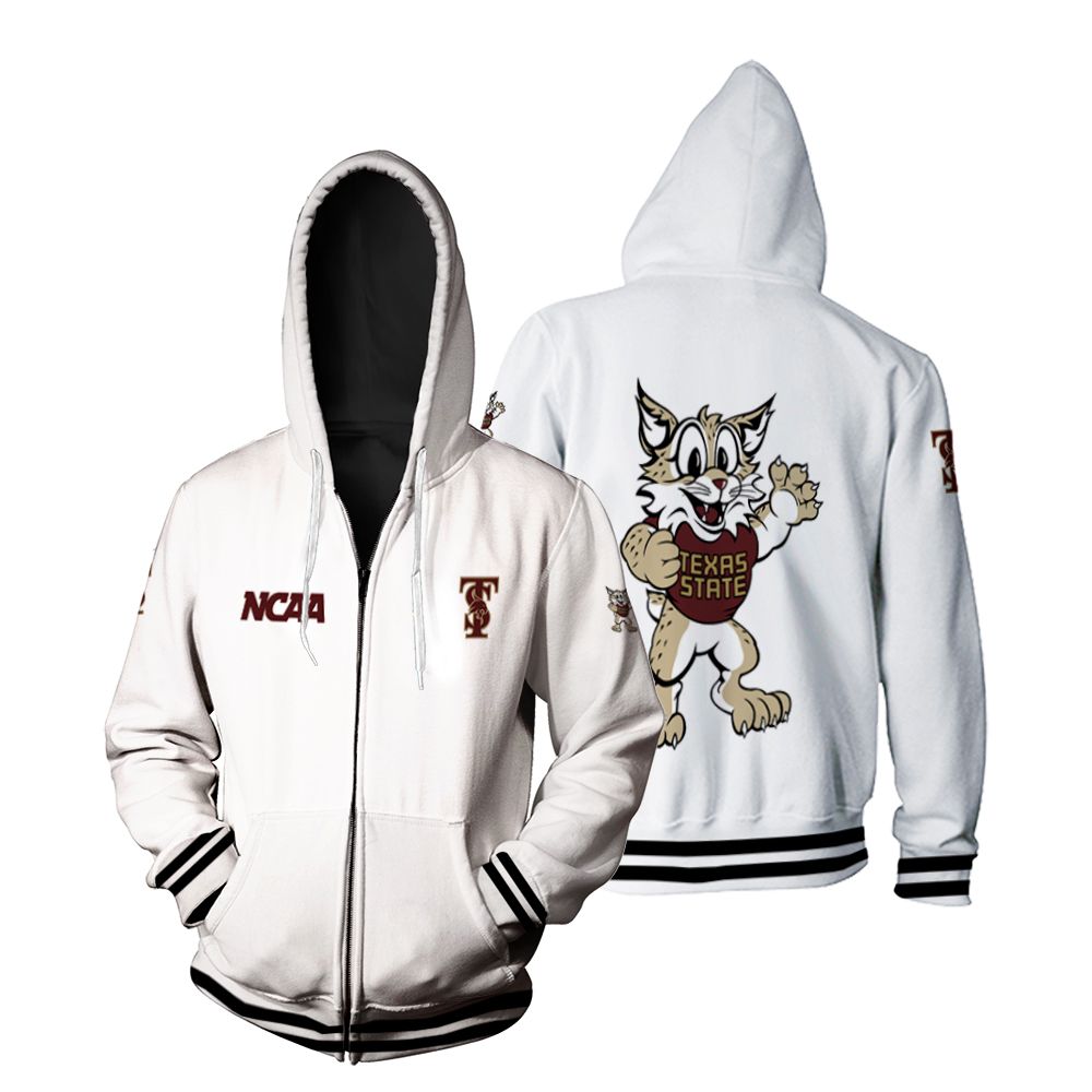 Texas State Bobcats Ncaa Classic White With Mascot Logo Gift For Texas State Bobcats Fans Zip Hoodie