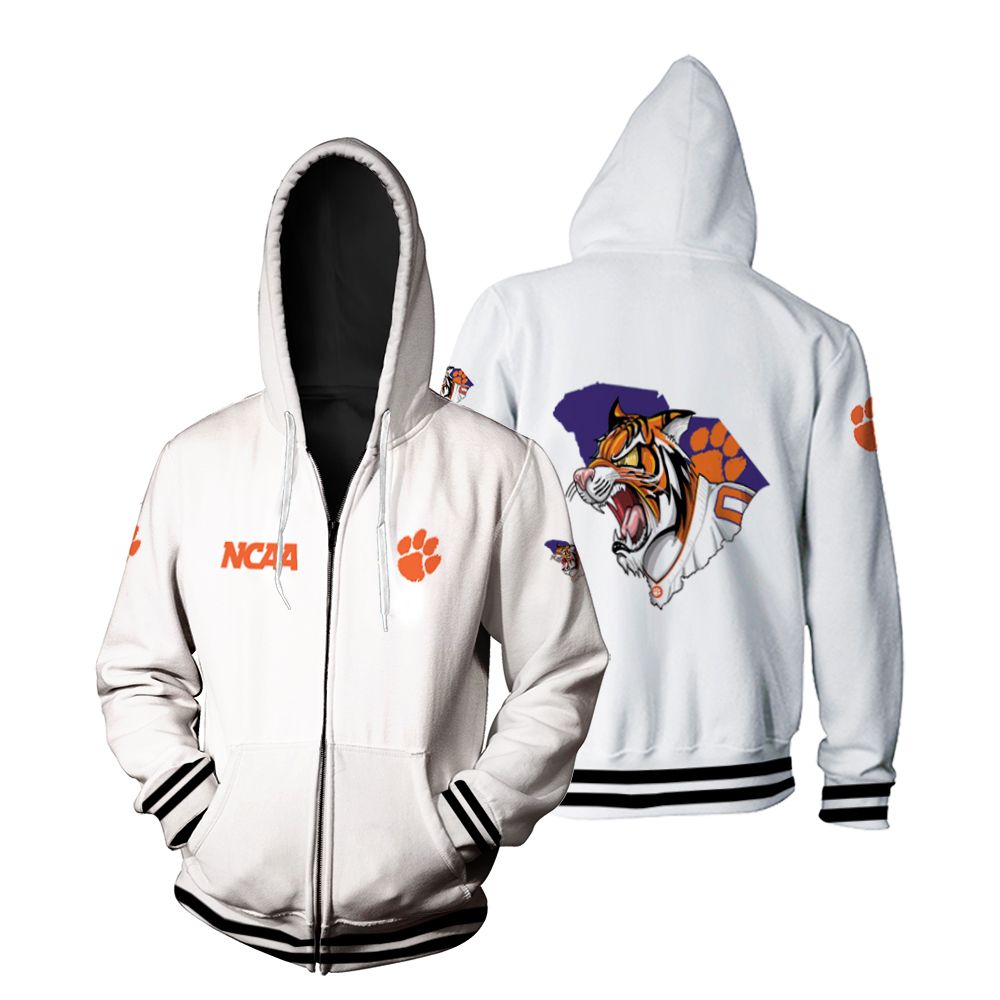Clemson Tigers Ncaa Classic White With Mascot Logo Gift For Clemson Tigers Fans Zip Hoodie