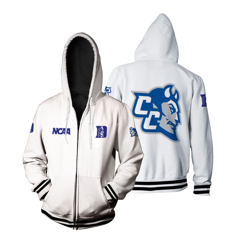 Duke Blue Devils Ncaa Classic White With Mascot Logo Gift For Duke Blue Devils Fans Zip Hoodie