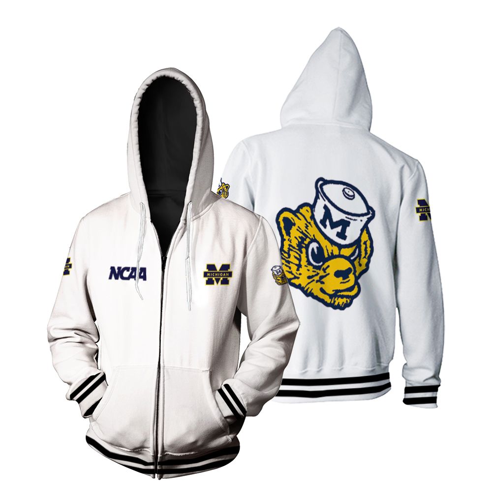Michigan Wolverines Ncaa Classic White With Mascot Logo Gift For Michigan Wolverines Fans Zip Hoodie