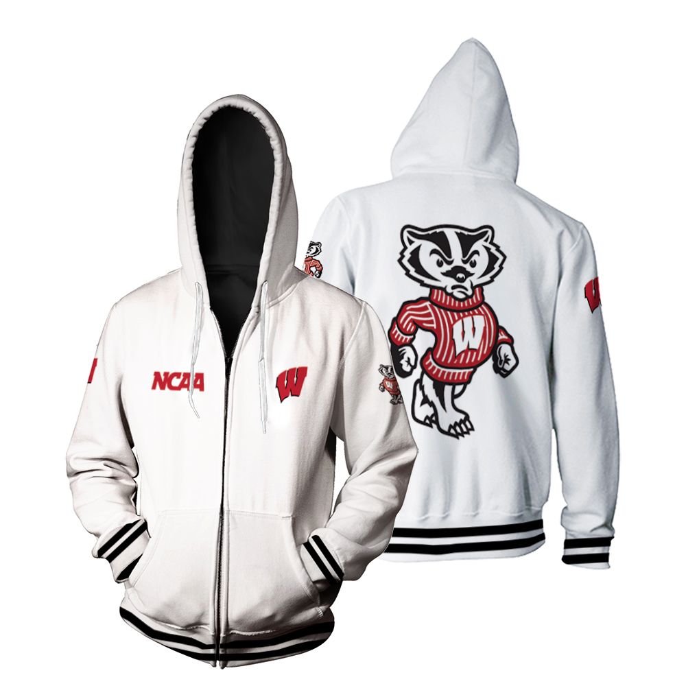 Wisconsin Badgers Ncaa Classic White With Mascot Logo Gift For Wisconsin Badgers Fans Zip Hoodie