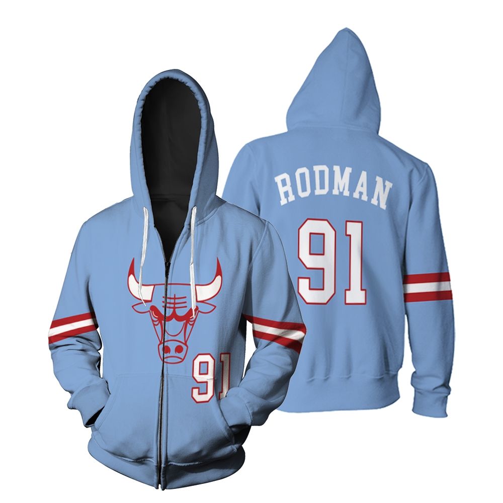 Chicago Bulls Dennis Rodman #91 NBA Great Player Throwback Red shirt Style Gift For Bulls Fans Zip Hoodie