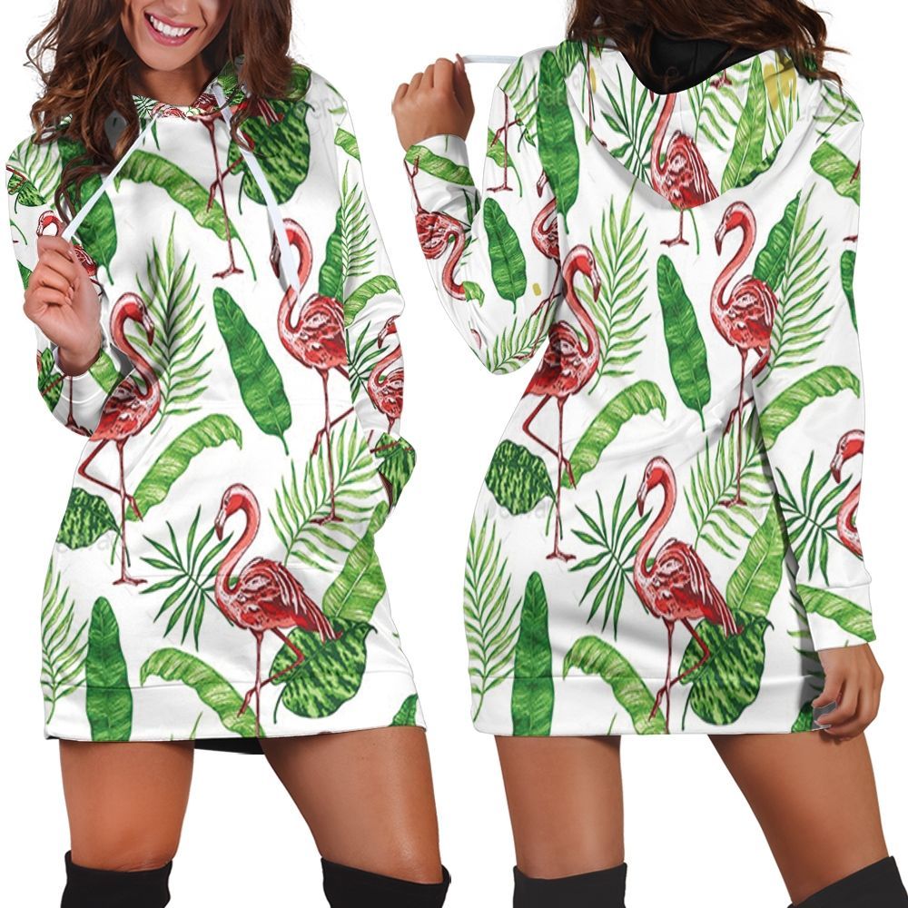 Tropical Seamless Pattern With Pink Flamingo Tropical Jungle Palm Leaves White Hoodie Dress