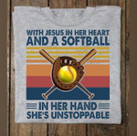 Vintage with Jesus in her heart and a softball in her hand she's unstoppable T Shirt Hoodie Sweater