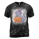 Fat Cat With Pumpkin Halloween Tie Dye Bleached T-shirt