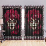 Skull Lady With Rose Red Hair Printed Window Curtain Home Decor