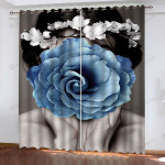 3d Girl Holding Blue Rose Printed Window Curtains