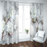 Peony Branches White Printed Window Curtains