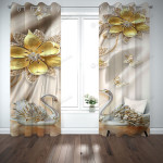 3d Swans And Flowers Printed Window Curtains