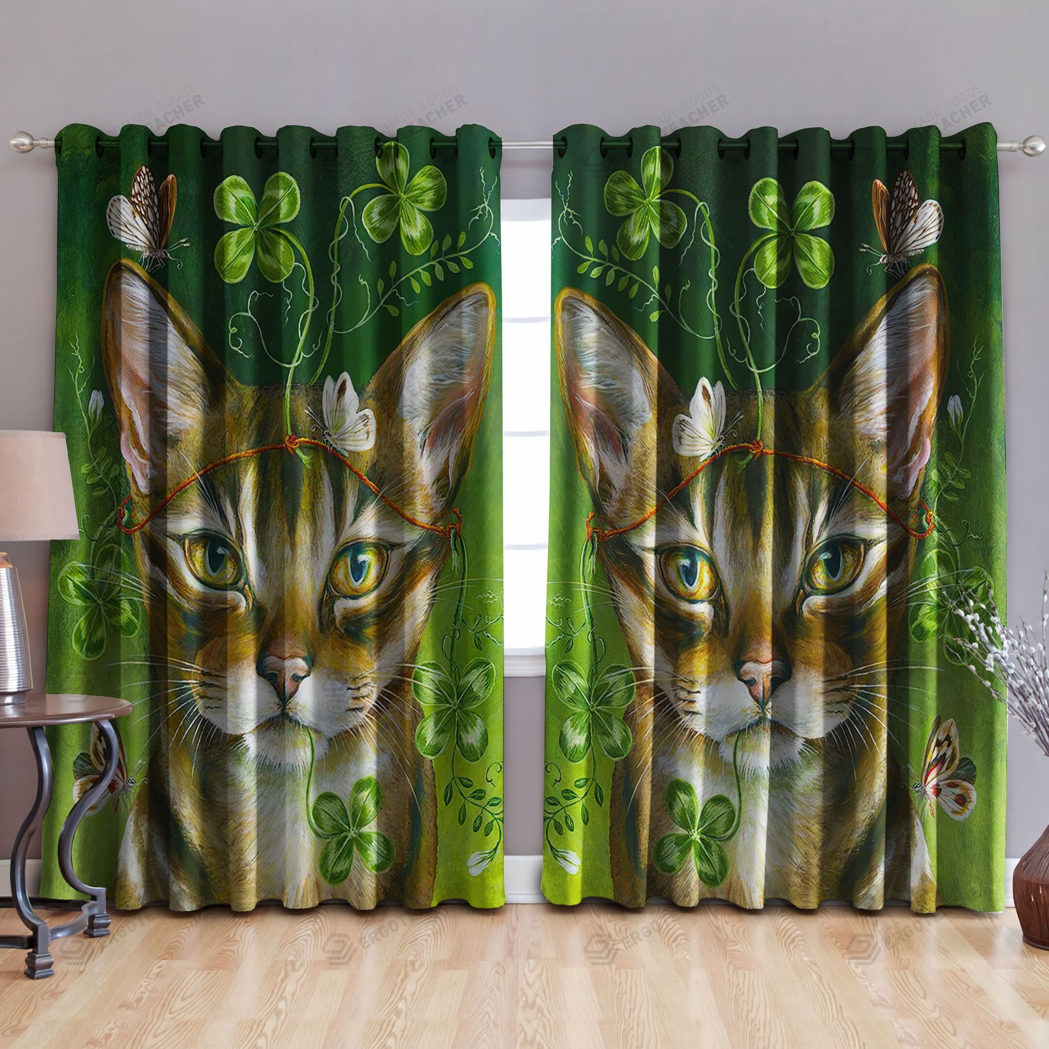 Cat With Clover Printed Window Curtains