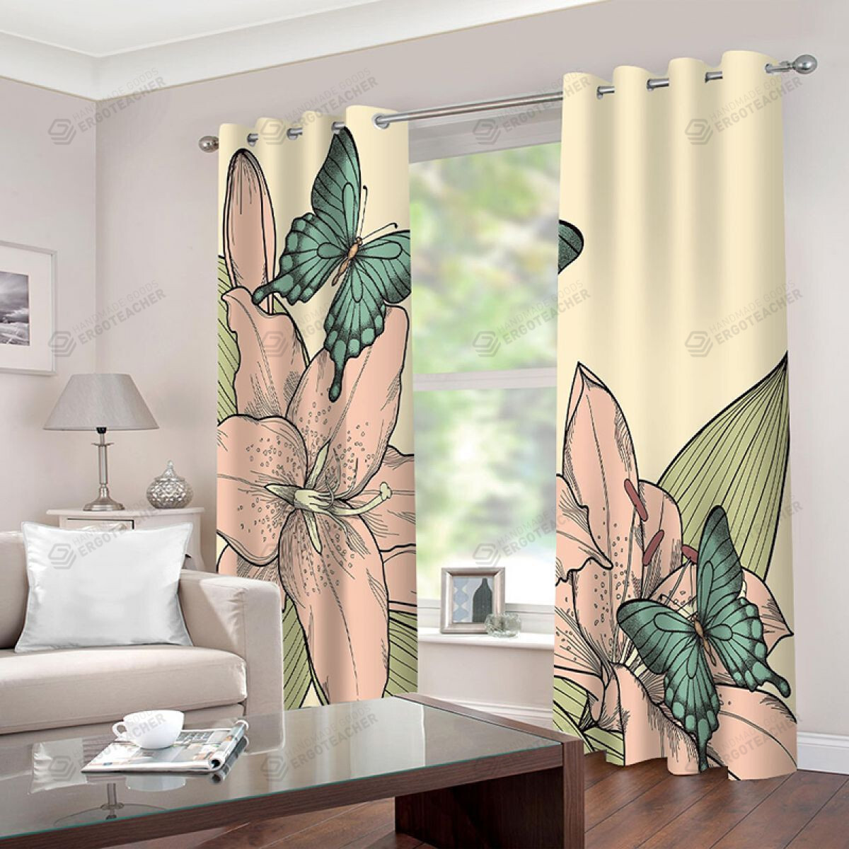 Painted Lilies And Butterflies Printed Window Curtain Home Decor