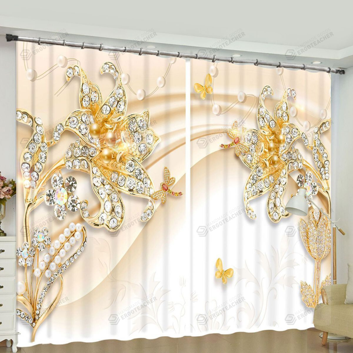 3d Diamond Floral And Butterflies Printed Window Curtains