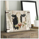 Beautiful dairy cow with flowers at rustic cattle gate wood decoration poster canvas gift for farmer animals lovers
