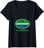 Womens Survivor The Longest School Year Ever Teacher 2021 V-Neck T-Shirt